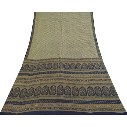 Sanskriti Vintage Sarees Cremefarvede Indiske Ren Silke Trykte Sari 5+ yard Håndværksstof