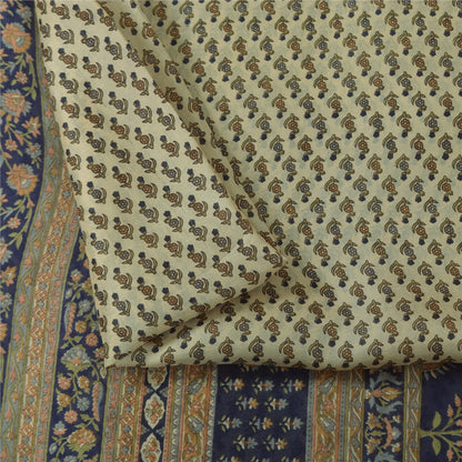 Sanskriti Vintage Sarees Cremefarvede Indiske Ren Silke Trykte Sari 5+ yard Håndværksstof