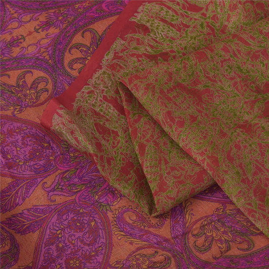Sanskriti Vintage Sarees From India Red Pure Silk Printed Sari 6yd Craft Fabric