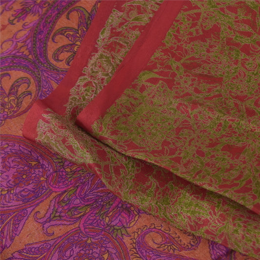 Sanskriti Vintage Sarees From India Red Pure Silk Printed Sari 6yd Craft Fabric