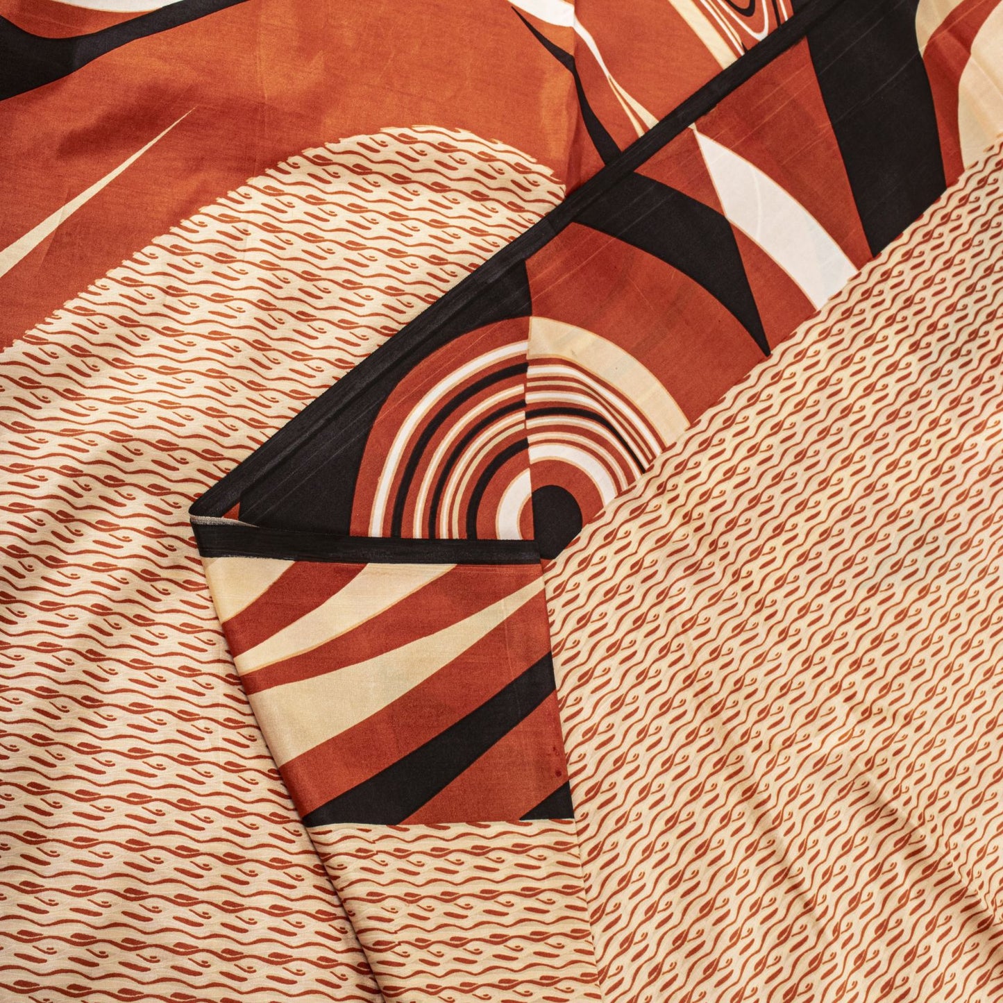 Sanskriti Vintage Saree Cream Soft Pure Silk Wave Abstract Print Sari 6Yd Fabric
