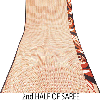 Sanskriti Vintage Saree Cream Soft Pure Silk Wave Abstract Print Sari 6Yd Fabric