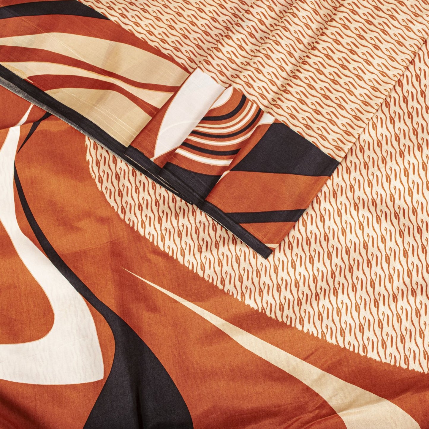 Sanskriti Vintage Saree Cream Soft Pure Silk Wave Abstract Print Sari 6Yd Fabric