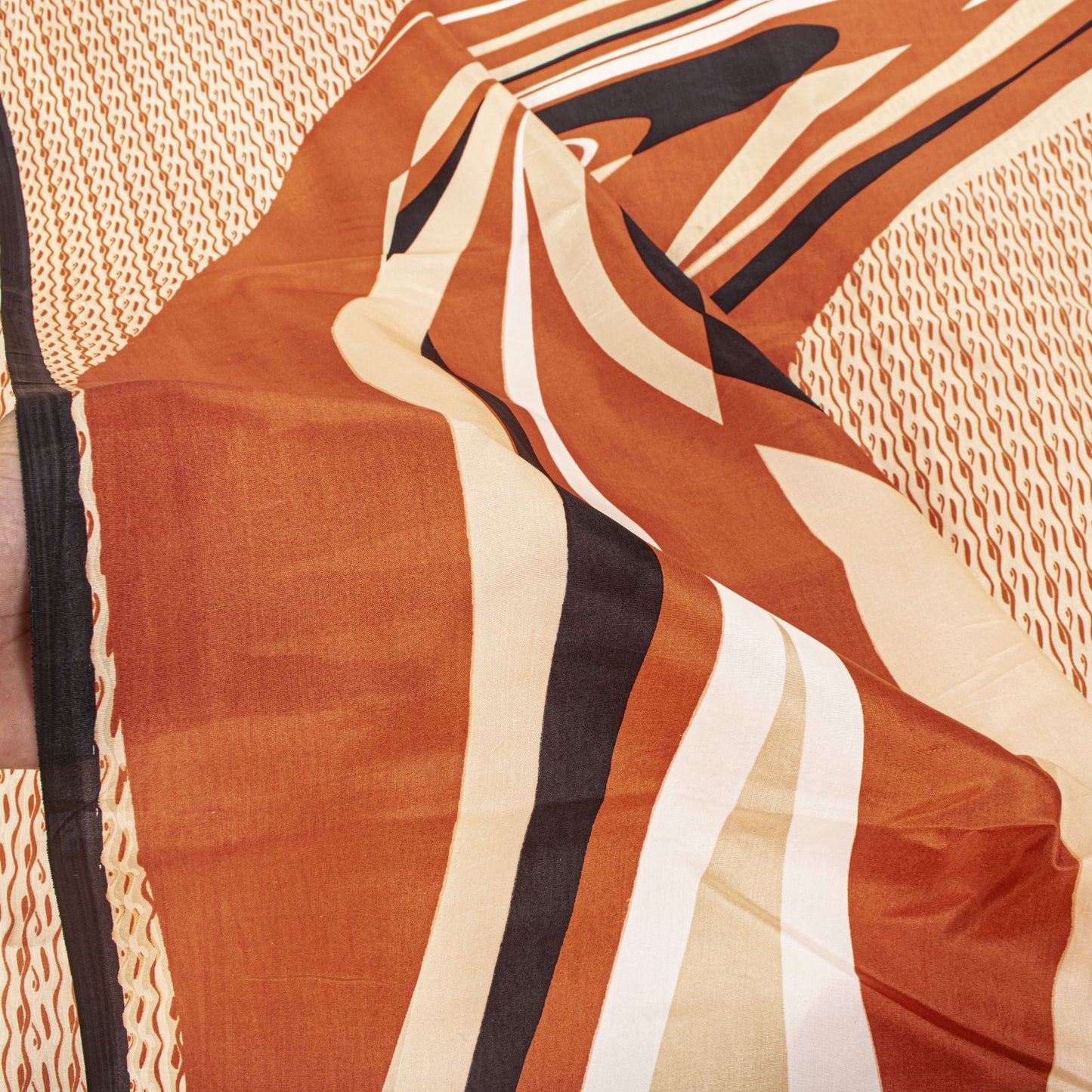 Sanskriti Vintage Saree Cream Soft Pure Silk Wave Abstract Print Sari 6Yd Fabric