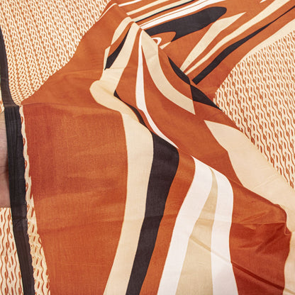 Sanskriti Vintage Saree Cream Soft Pure Silk Wave Abstract Print Sari 6Yd Fabric