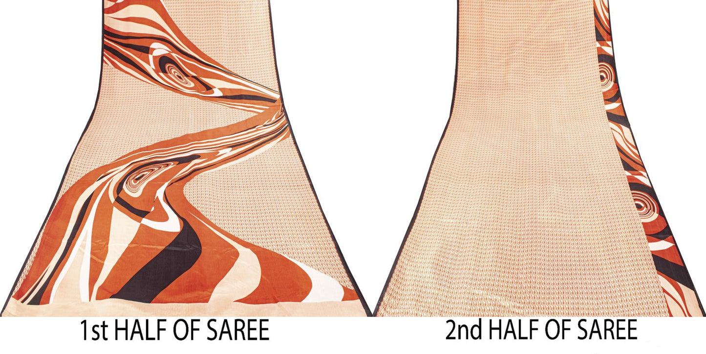 Sanskriti Vintage Saree Cream Soft Pure Silk Wave Abstract Print Sari 6Yd Fabric