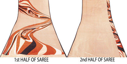 Sanskriti Vintage Saree Cream Soft Pure Silk Wave Abstract Print Sari 6Yd Fabric