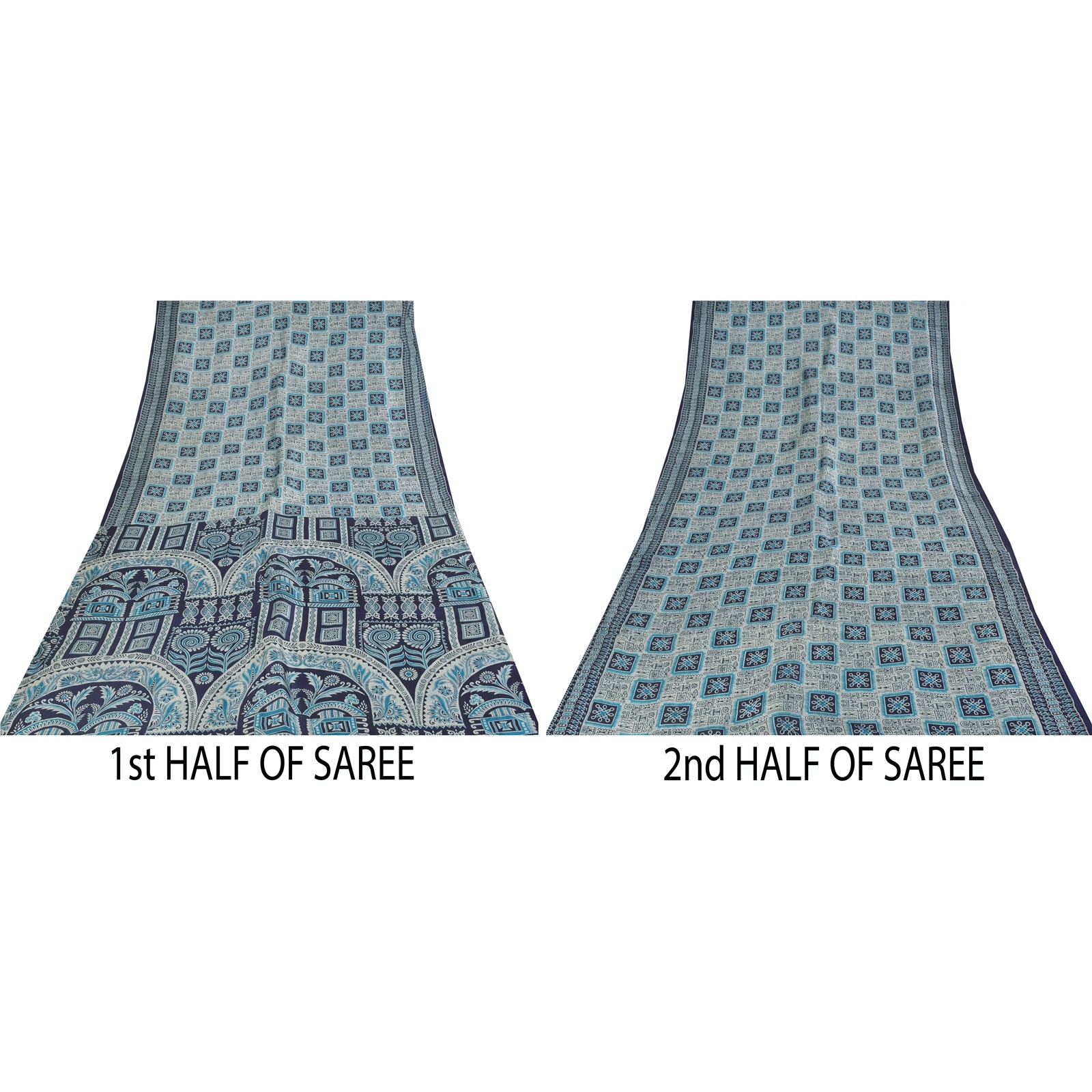 Sanskriti Vintage Sarees Ivory & Blue Pure Silk Printed Sari 5+yd Craft Fabric