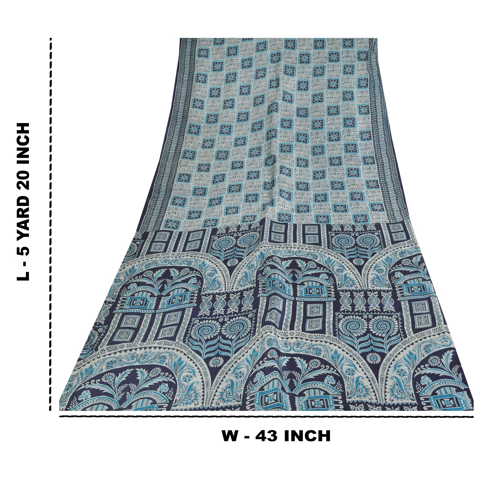 Sanskriti Vintage Sarees Ivory & Blue Pure Silk Printed Sari 5+yd Craft Fabric