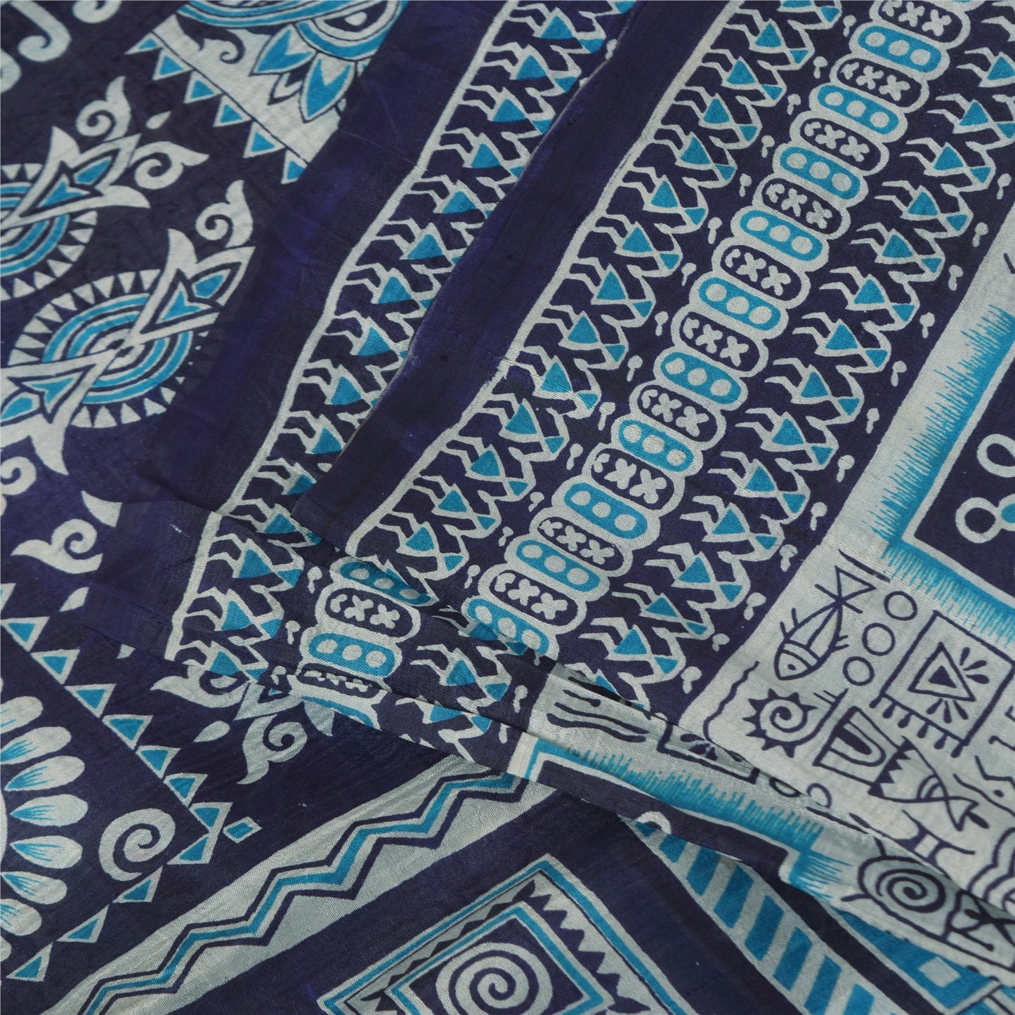 Sanskriti Vintage Sarees Ivory & Blue Pure Silk Printed Sari 5+yd Craft Fabric