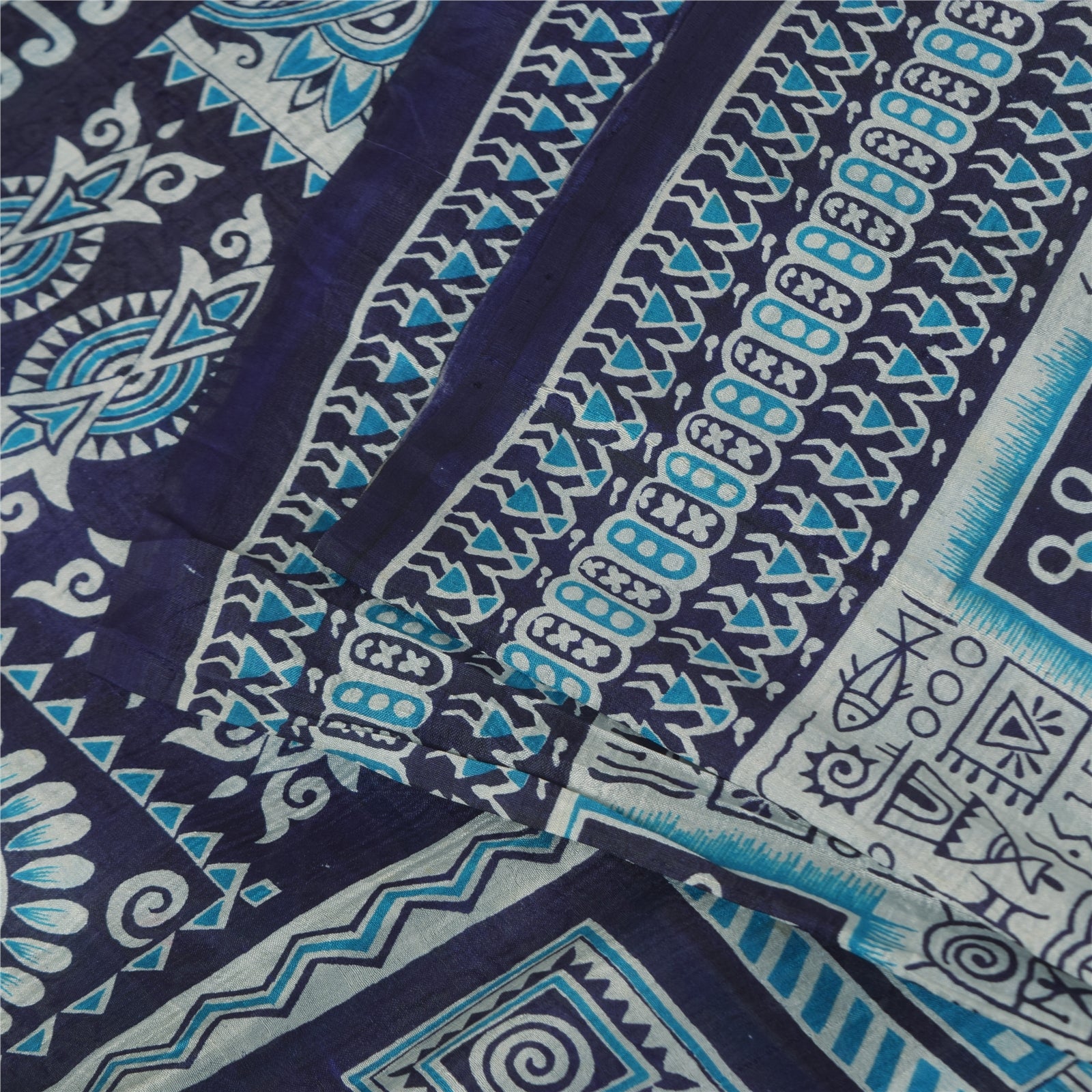 Sanskriti Vintage Sarees Ivory & Blue Pure Silk Printed Sari 5+yd Craft Fabric