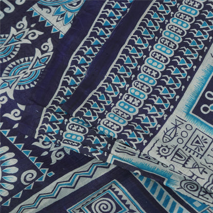 Sanskriti Vintage Sarees Ivory & Blue Pure Silk Printed Sari 5+yd Craft Fabric