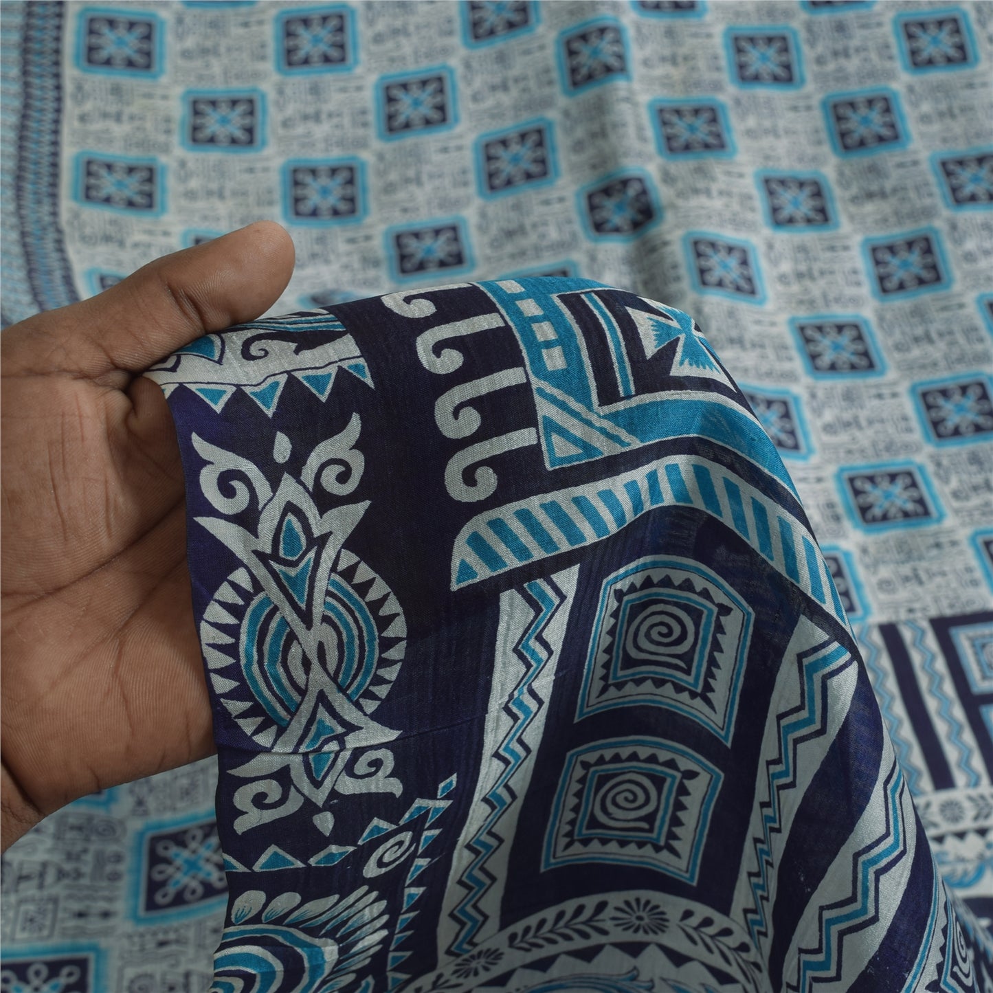 Sanskriti Vintage Sarees Ivory & Blue Pure Silk Printed Sari 5+yd Craft Fabric