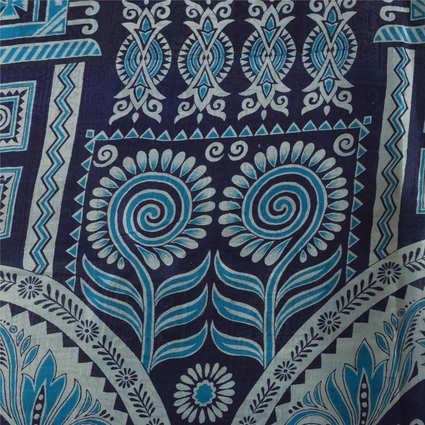 Sanskriti Vintage Sarees Ivory & Blue Pure Silk Printed Sari 5+yd Craft Fabric