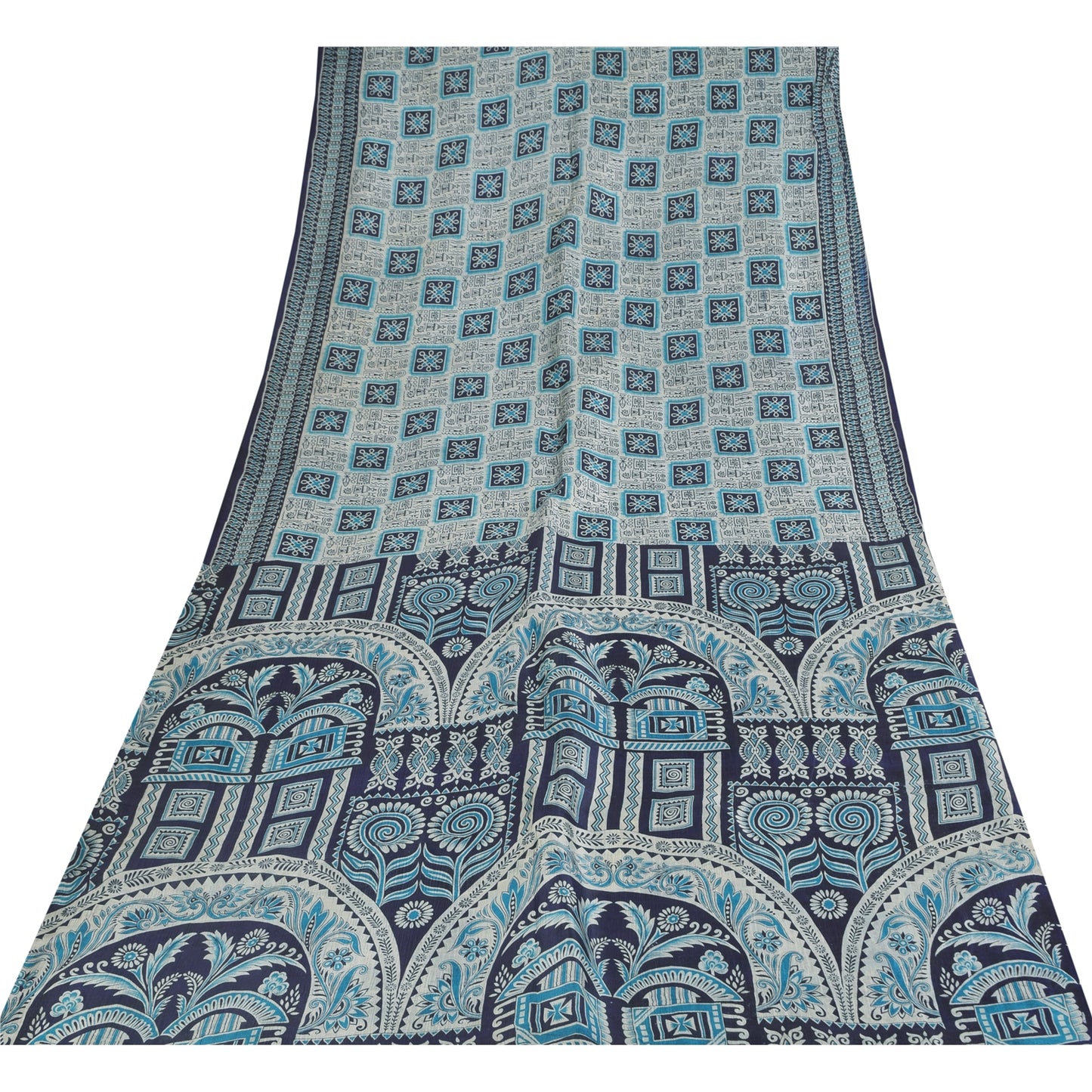 Sanskriti Vintage Sarees Ivory & Blue Pure Silk Printed Sari 5+yd Craft Fabric