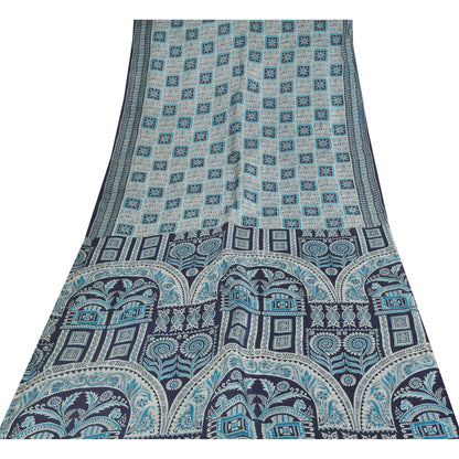 Sanskriti Vintage Sarees Ivory & Blue Pure Silk Printed Sari 5+yd Craft Fabric