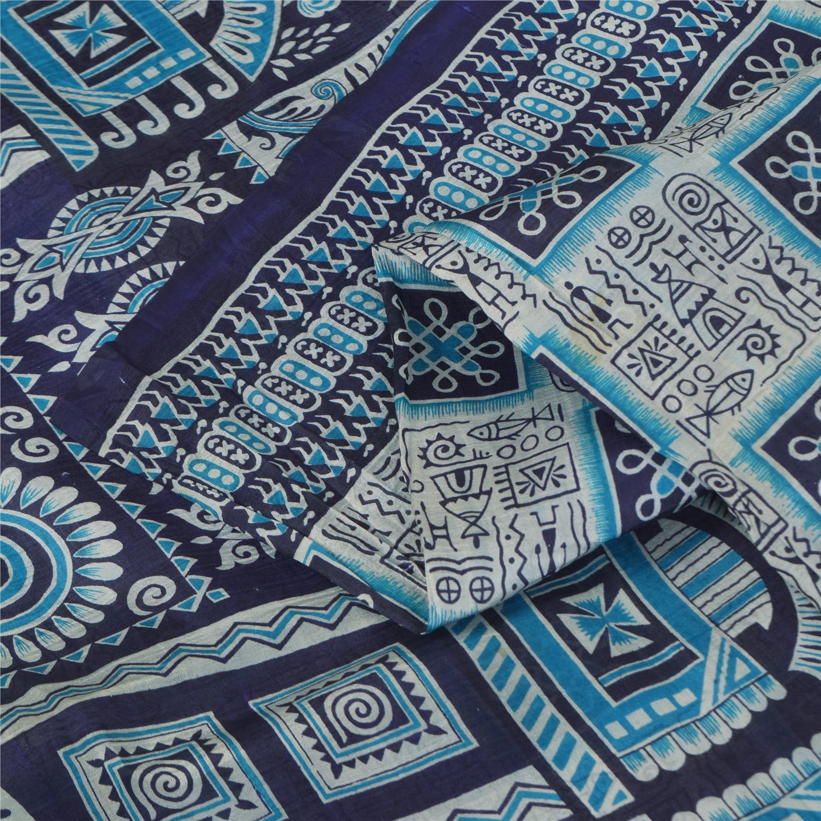 Sanskriti Vintage Sarees Ivory & Blue Pure Silk Printed Sari 5+yd Craft Fabric