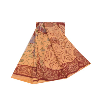 Sanskriti Vintage Sarees Peach Pure Silk Printed Sari 5+yd Floral Craft Fabric