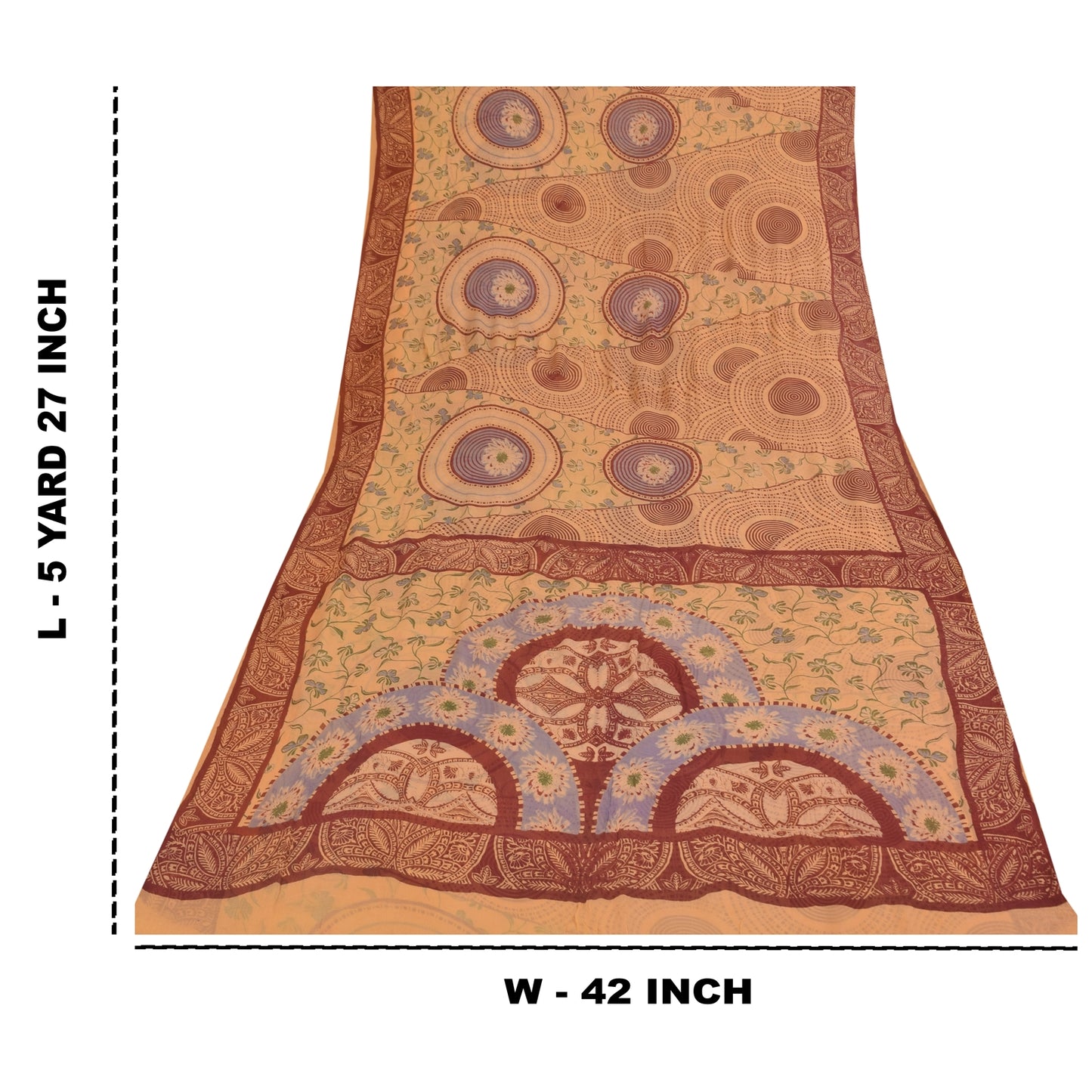 Sanskriti Vintage Sarees Peach Pure Silk Printed Sari 5+yd Floral Craft Fabric