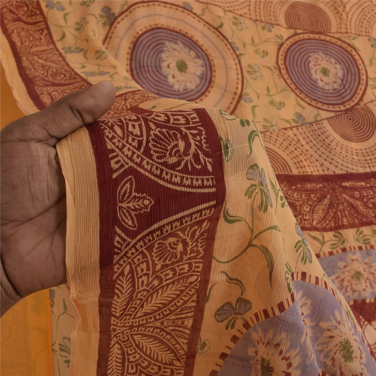 Sanskriti Vintage Sarees Peach Pure Silk Printed Sari 5+yd Floral Craft Fabric