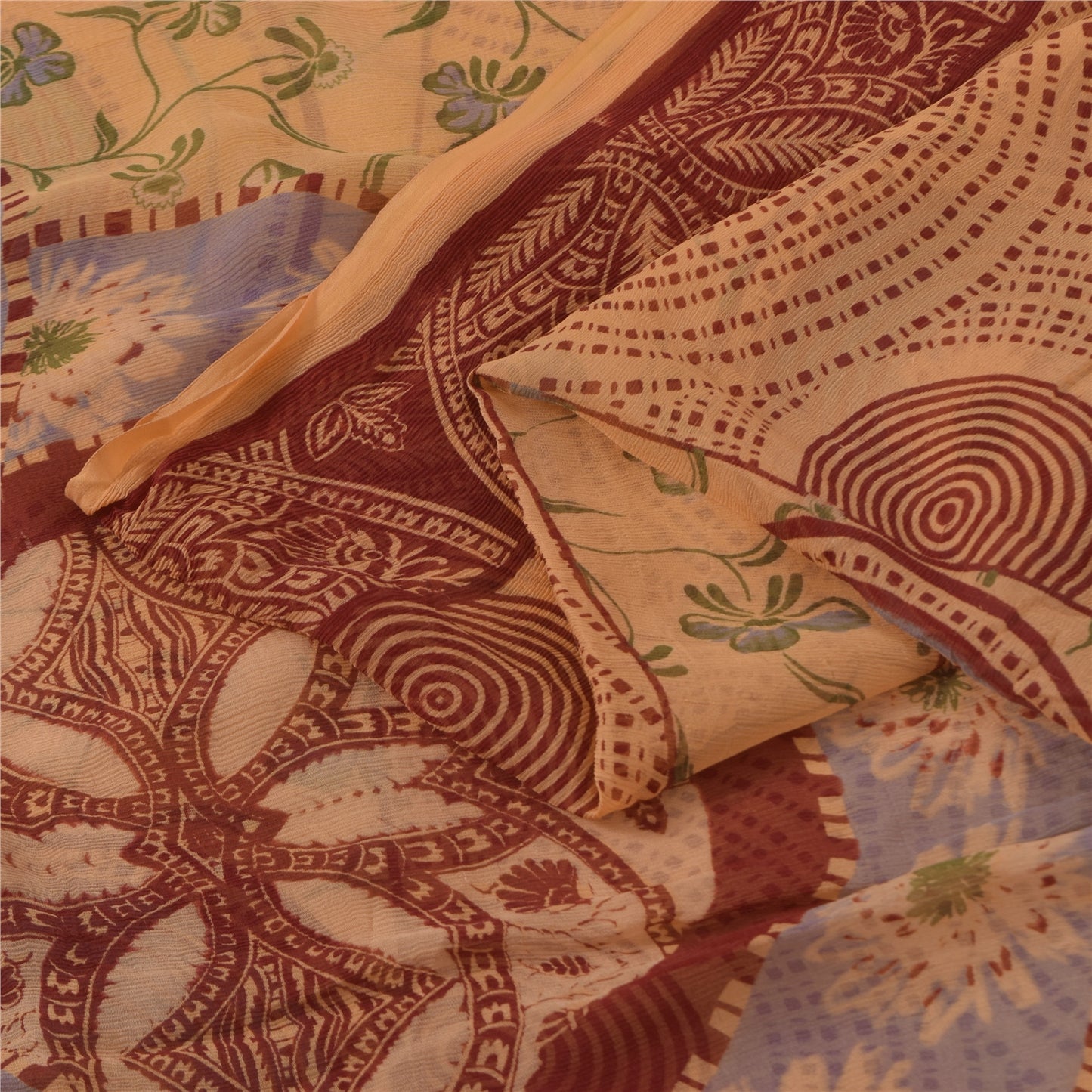 Sanskriti Vintage Sarees Peach Pure Silk Printed Sari 5+yd Floral Craft Fabric