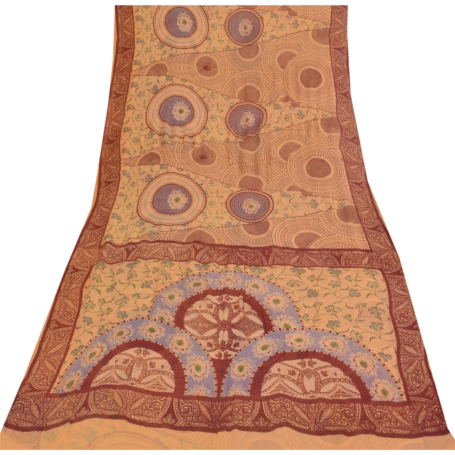 Sanskriti Vintage Sarees Peach Pure Silk Printed Sari 5+yd Floral Craft Fabric