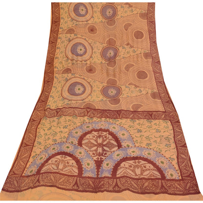 Sanskriti Vintage Sarees Peach Pure Silk Printed Sari 5+yd Floral Craft Fabric