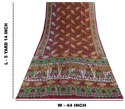 Sanskriti Vintage Saree Red Soft Pure Silk Peacock Palanqueen Print Sari Fabric