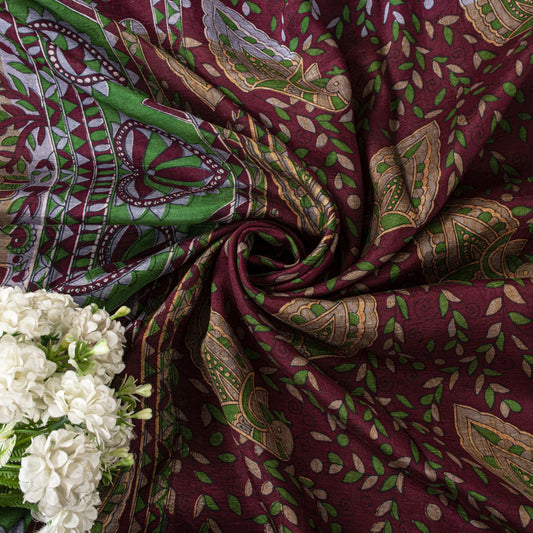 Sanskriti Vintage Saree Red Soft Pure Silk Peacock Palanqueen Print Sari Fabric