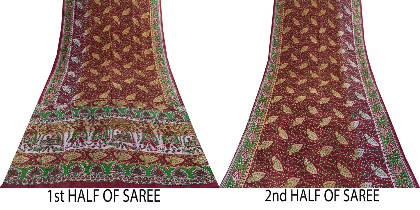 Sanskriti Vintage Saree Red Soft Pure Silk Peacock Palanqueen Print Sari Fabric
