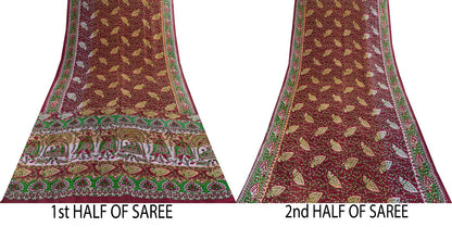 Sanskriti Vintage Saree Red Soft Pure Silk Peacock Palanqueen Print Sari Fabric
