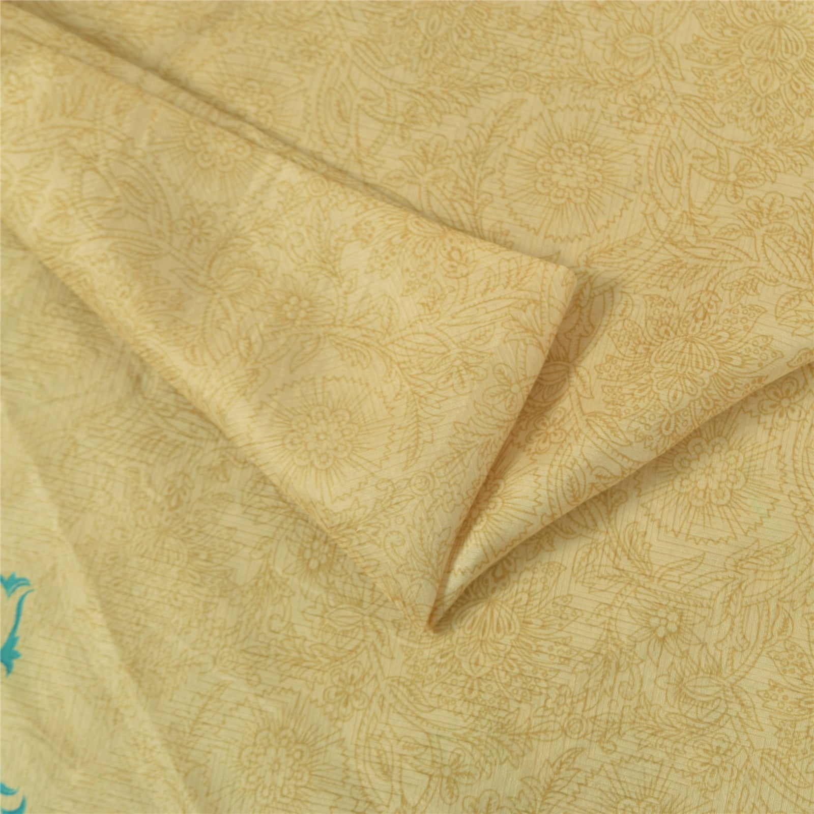 Sanskriti Vintage Sarees Cream Indian Pure Silk Printed Sari 5+yd Craft Fabric