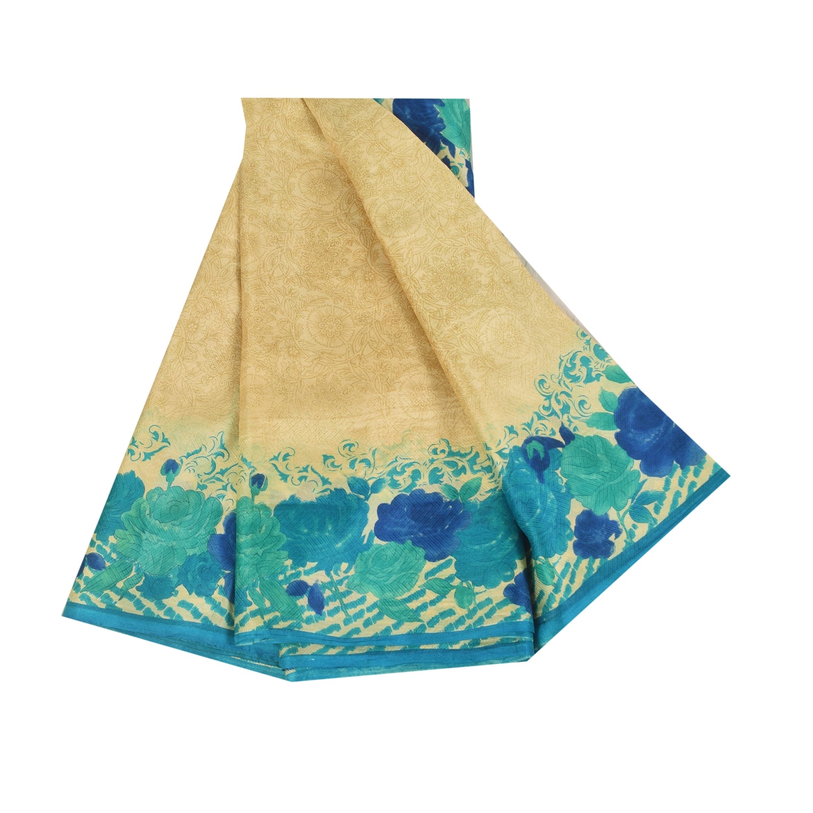 Sanskriti Vintage Sarees Cream Indian Pure Silk Printed Sari 5+yd Craft Fabric