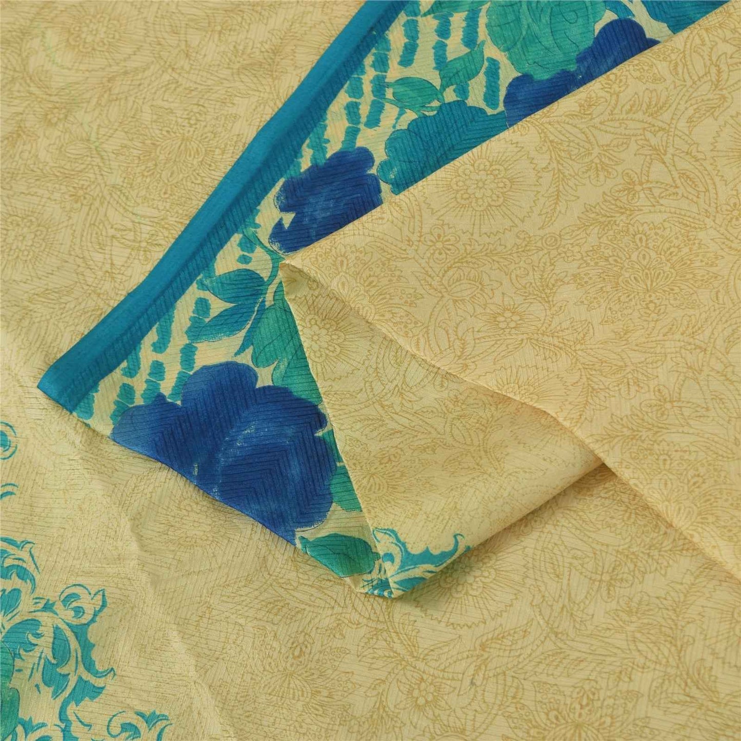 Sanskriti Vintage Sarees Cream Indian Pure Silk Printed Sari 5+yd Craft Fabric
