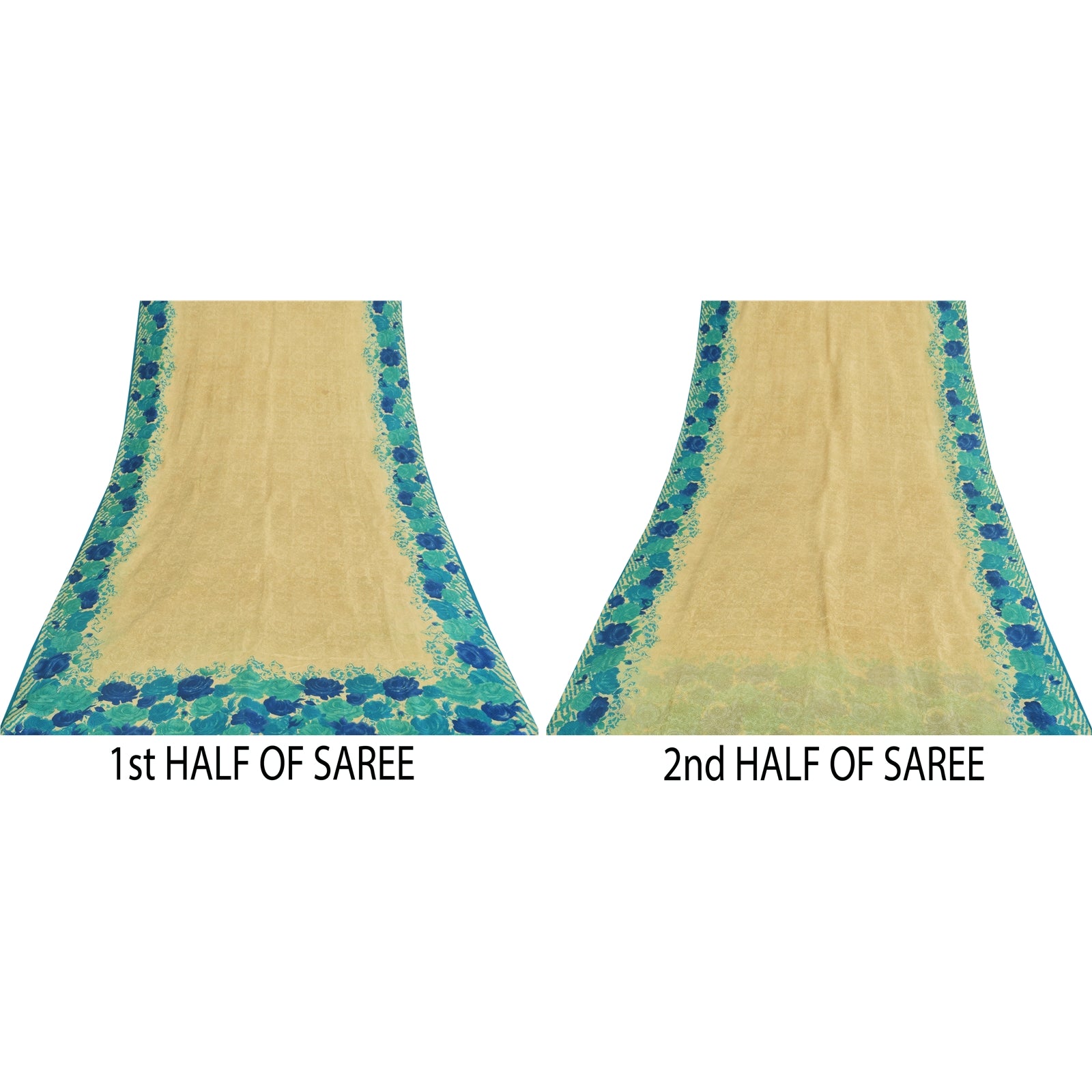 Sanskriti Vintage Sarees Cream Indian Pure Silk Printed Sari 5+yd Craft Fabric