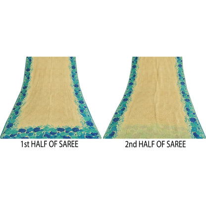 Sanskriti Vintage Sarees Cream Indian Pure Silk Printed Sari 5+yd Craft Fabric