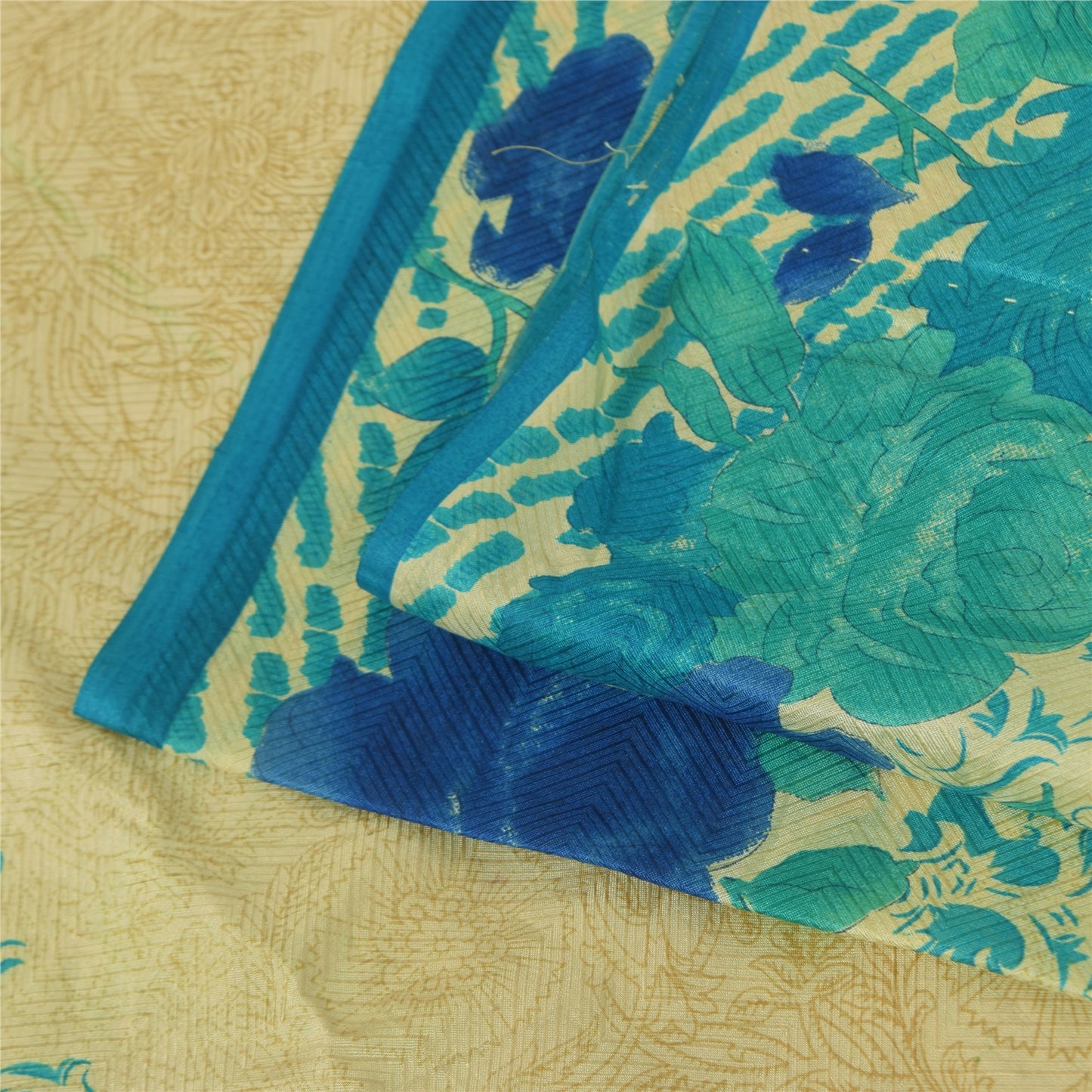 Sanskriti Vintage Sarees Cream Indian Pure Silk Printed Sari 5+yd Craft Fabric