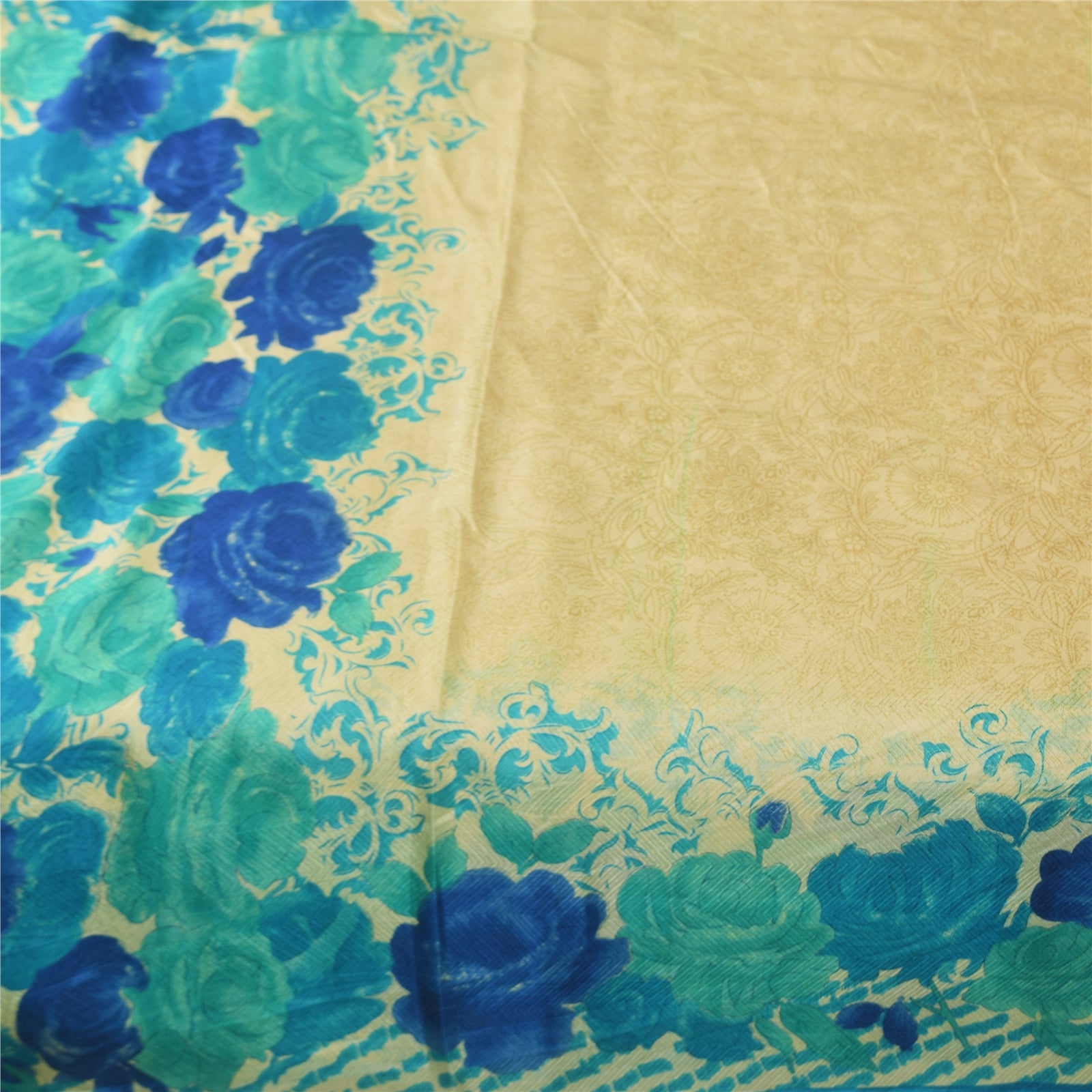 Sanskriti Vintage Sarees Cream Indian Pure Silk Printed Sari 5+yd Craft Fabric