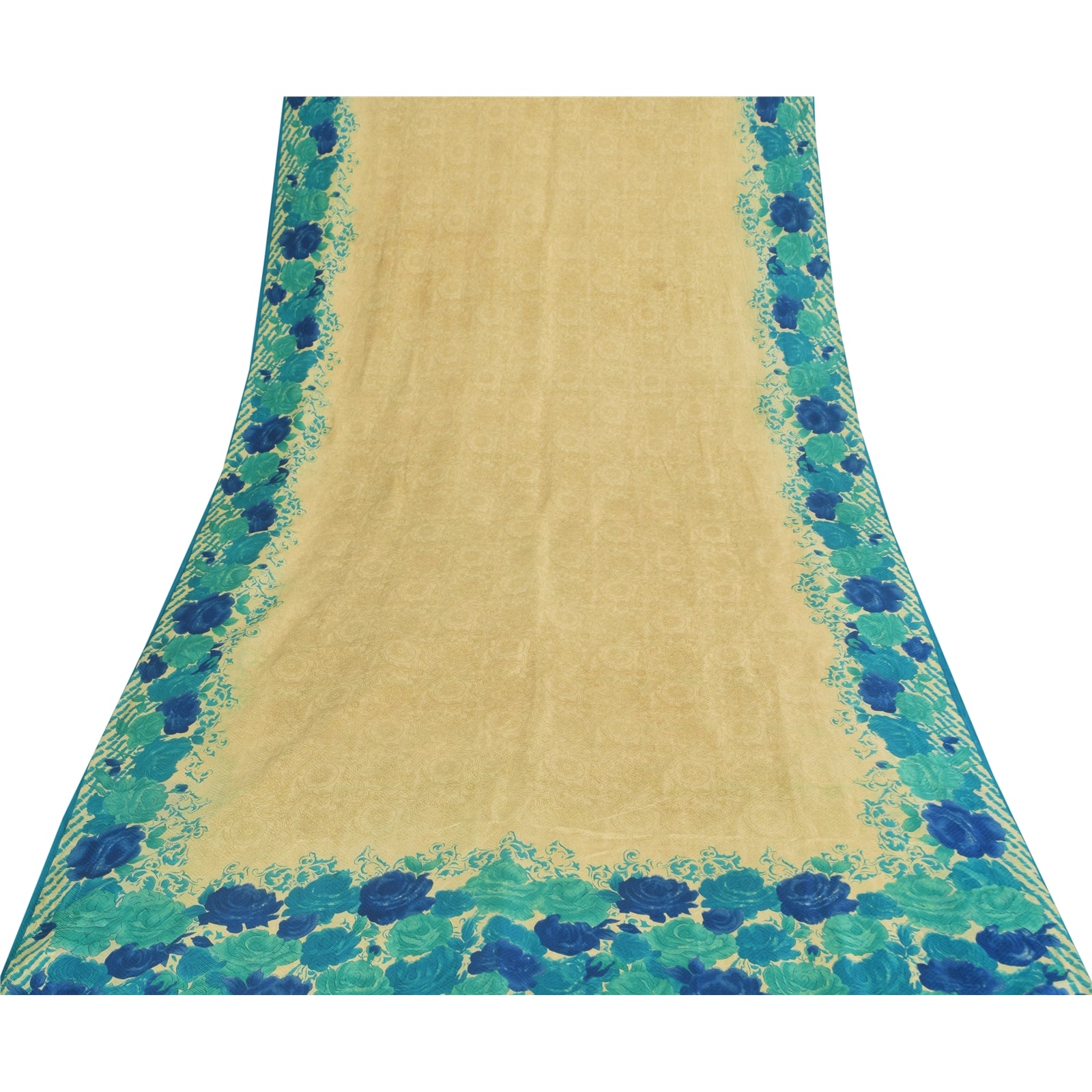 Sanskriti Vintage Sarees Cream Indian Pure Silk Printed Sari 5+yd Craft Fabric