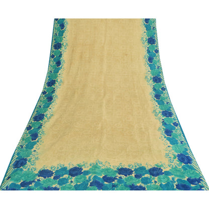 Sanskriti Vintage Sarees Cream Indian Pure Silk Printed Sari 5+yd Craft Fabric