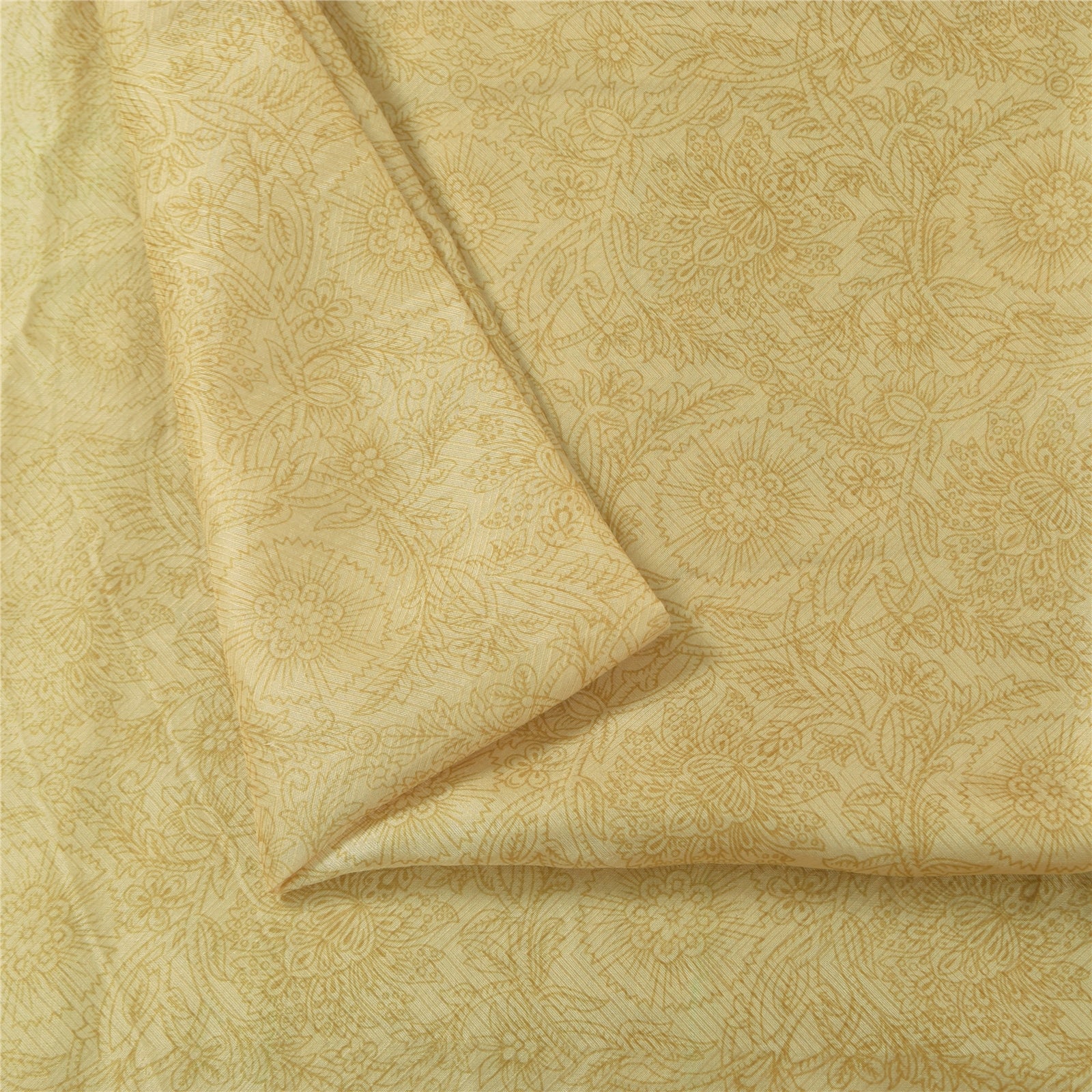 Sanskriti Vintage Sarees Cream Indian Pure Silk Printed Sari 5+yd Craft Fabric