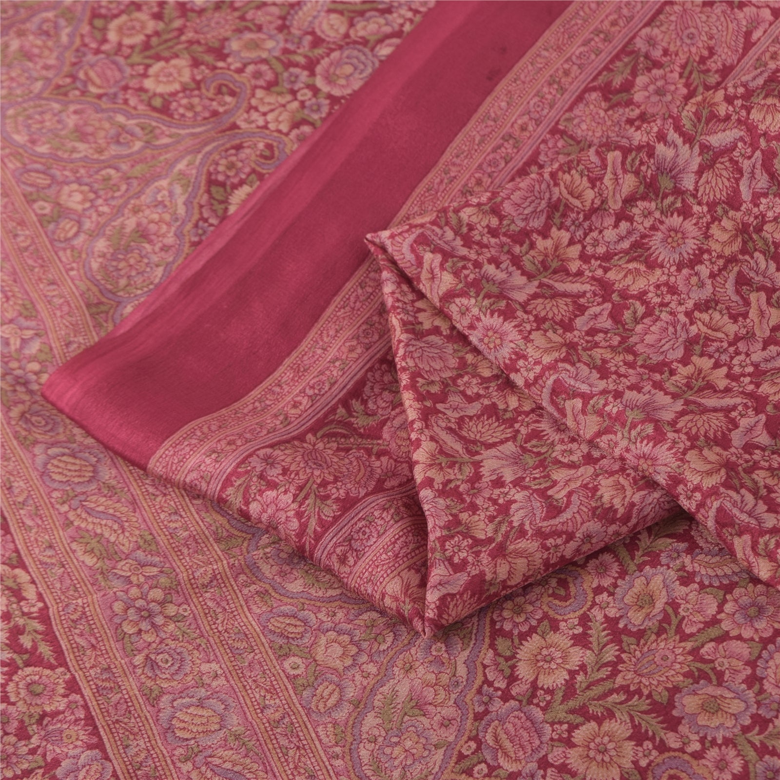 Sanskriti Vintage Sarees Purple 100% Pure Silk Printed Sari 6+yd Craft Fabric