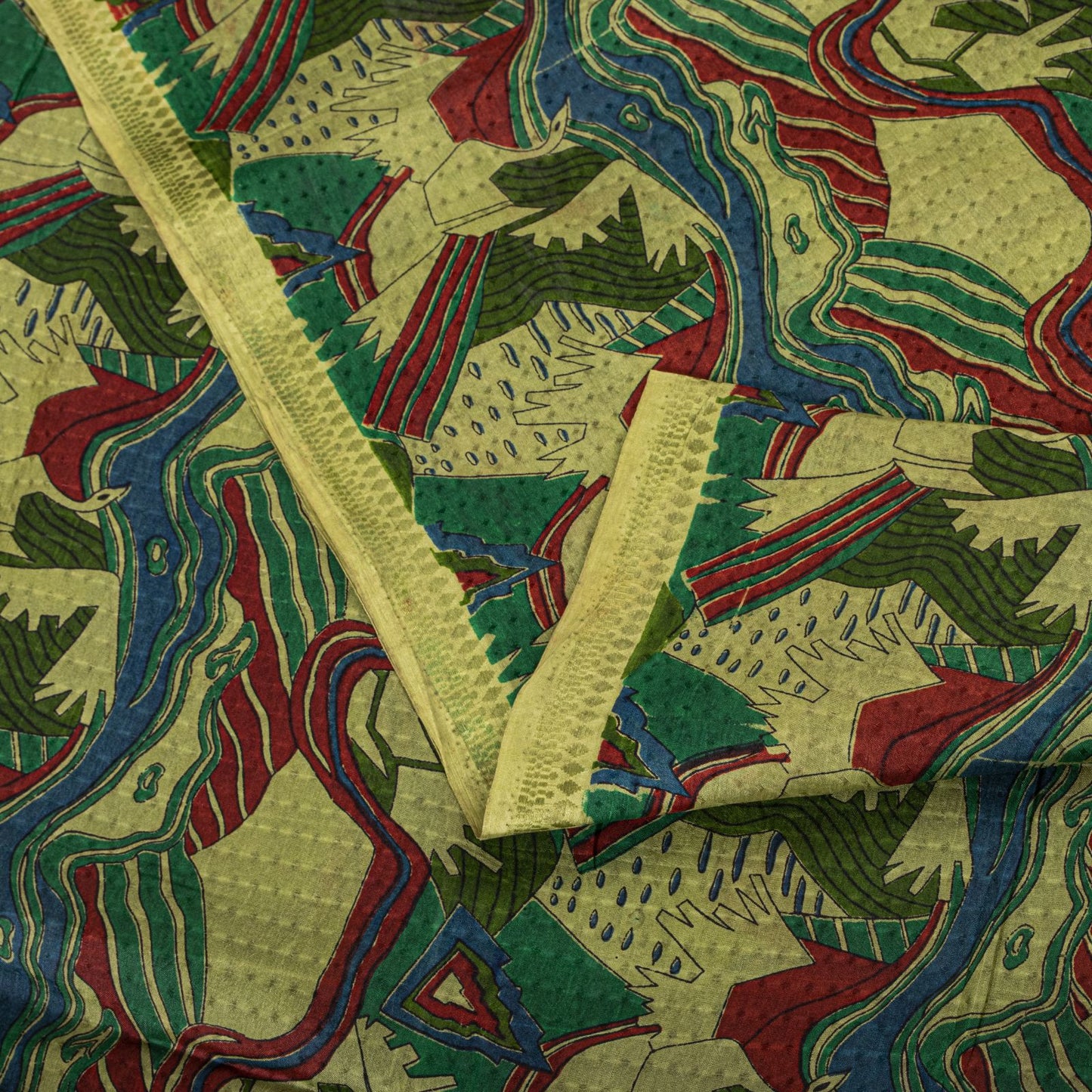 Sanskriti Vintage Saree Green Soft Pure Silk Abstract Printed Sari 6+Yd Fabric
