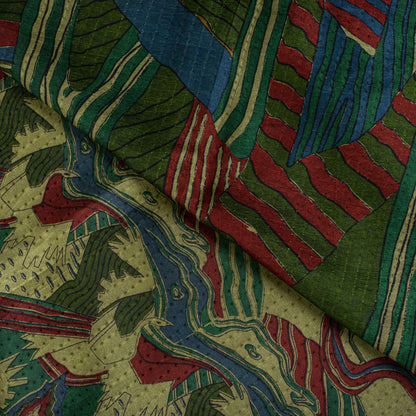 Sanskriti Vintage Saree Green Soft Pure Silk Abstract Printed Sari 6+Yd Fabric