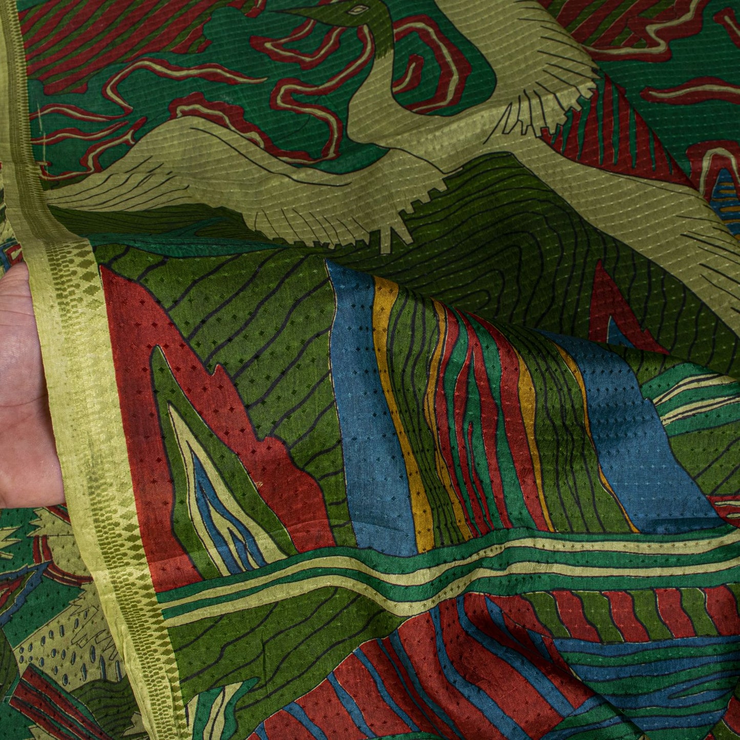 Sanskriti Vintage Saree Green Soft Pure Silk Abstract Printed Sari 6+Yd Fabric