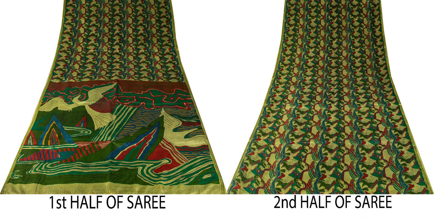 Sanskriti Vintage Saree Green Soft Pure Silk Abstract Printed Sari 6+Yd Fabric