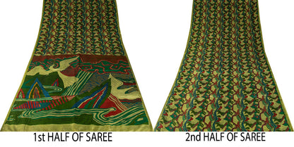 Sanskriti Vintage Saree Green Soft Pure Silk Abstract Printed Sari 6+Yd Fabric
