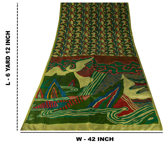 Sanskriti Vintage Saree Green Soft Pure Silk Abstract Printed Sari 6+Yd Fabric