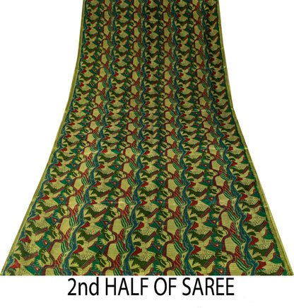 Sanskriti Vintage Saree Green Soft Pure Silk Abstract Printed Sari 6+Yd Fabric