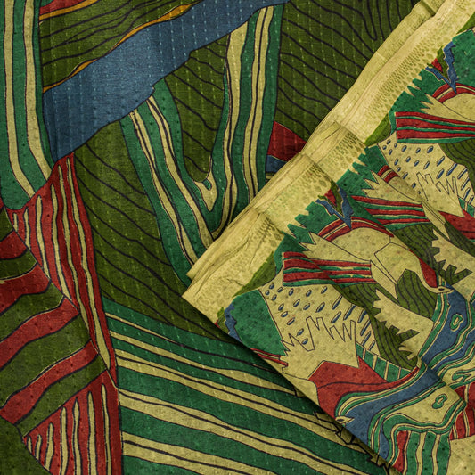 Sanskriti Vintage Saree Green Soft Pure Silk Abstract Printed Sari 6+Yd Fabric
